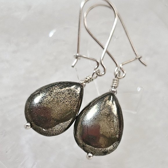 Golden Pyrite Drop Earrings Sterling Silver Genuine Gemstone - Picture 4 of 8